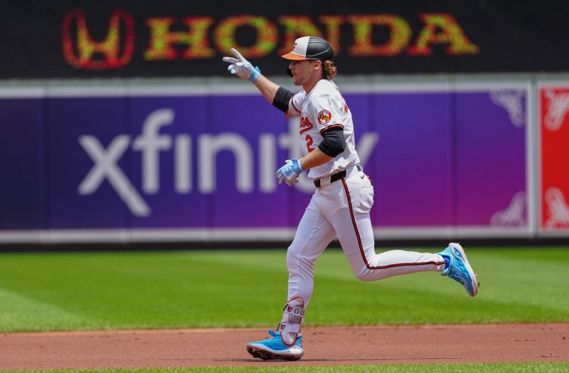 Jun 16, 2024; Baltimore, Maryland, USA; Baltimore Orioles shortstop Gunnar Henderson (2) reacts to hitting a home run as he rounds the bases against the Philadelphia Phillies during the first inning at Oriole Park at Camden Yards. Mandatory Credit: Gregory Fisher-USA TODAY Sports