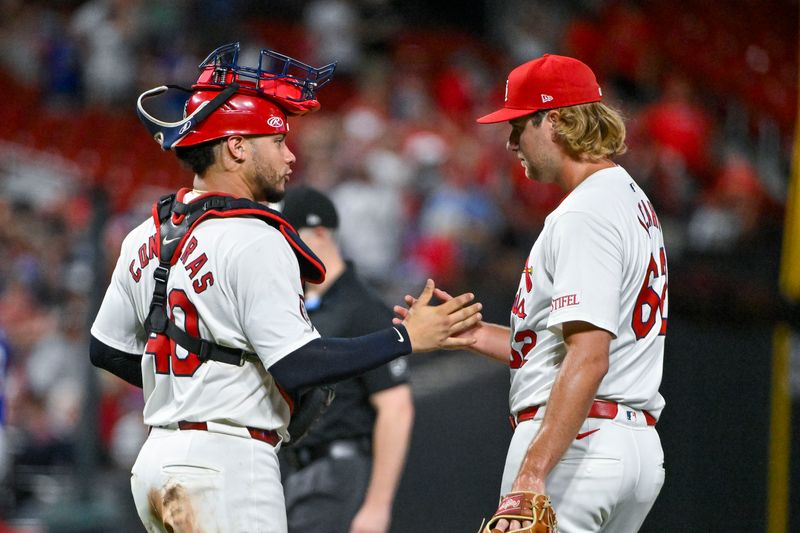 Jul 30, 2024; St. Louis, Missouri, USA;  St. Louis Cardinals catcher Willson Contreras (40) celebrates with relief pitcher Kyle Leahy (62) after the Cardinals defeated the Texas Rangers at Busch Stadium. Mandatory Credit: Jeff Curry-USA TODAY Sports