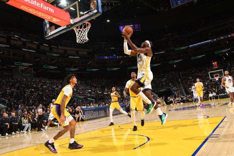 SAN FRANCISCO, CA - OCTOBER 18: Buddy Hield #7 of the Golden State Warriors shoots the ball during the game against the Los Angeles Lakers during a NBA Preseason game on October 18, 2024 at Chase Center in San Francisco, California. NOTE TO USER: User expressly acknowledges and agrees that, by downloading and or using this photograph, user is consenting to the terms and conditions of Getty Images License Agreement. Mandatory Copyright Notice: Copyright 2024 NBAE (Photo by Noah Graham/NBAE via Getty Images)