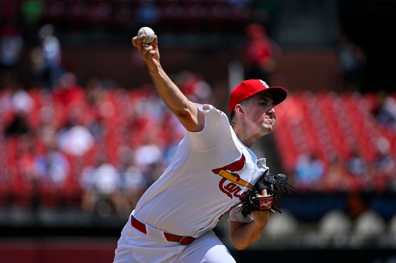 Jul 31, 2024; St. Louis, Missouri, USA;  St. Louis Cardinals starting pitcher Michael McGreevy (36) pitches against the Texas Rangers during the third inning at Busch Stadium. Mandatory Credit: Jeff Curry-USA TODAY Sports