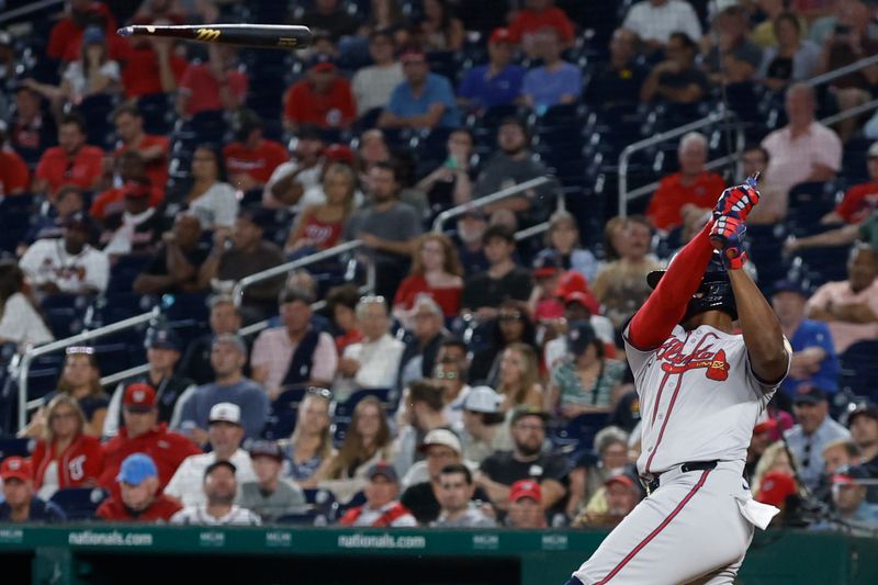 Sep 11, 2024; Washington, District of Columbia, USA; Atlanta Braves outfielder Jorge Soler (2) breaks his bat on a foul ball against the Washington Nationals during the eighth inning at Nationals Park. Mandatory Credit: Geoff Burke-Imagn Images