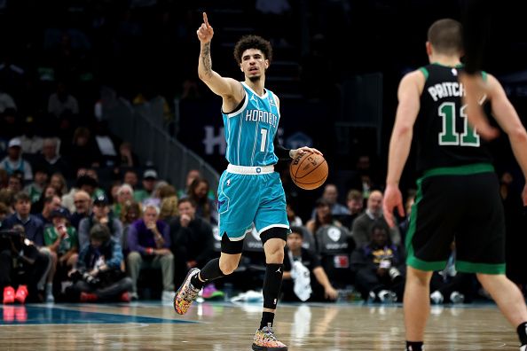 CHARLOTTE, NORTH CAROLINA - NOVEMBER 20: LaMelo Ball #1 of the Charlotte Hornets signals for a play during the first half of  an NBA game against the Boston Celtics at Spectrum Center on November 20, 2023 in Charlotte, North Carolina. NOTE TO USER: User expressly acknowledges and agrees that, by downloading and or using this photograph, User is consenting to the terms and conditions of the Getty Images License Agreement. (Photo by David Jensen/Getty Images)