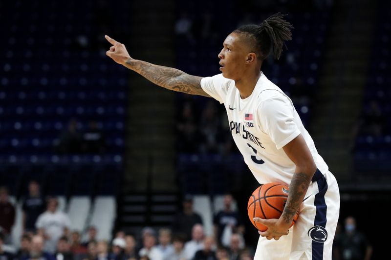 Feb 8, 2024; University Park, Pennsylvania, USA; Penn State Nittany Lions guard Nick Kern Jr (3) gestures while holding the ball during the first half against the Iowa Hawkeyes at Bryce Jordan Center. Mandatory Credit: Matthew O'Haren-USA TODAY Sports