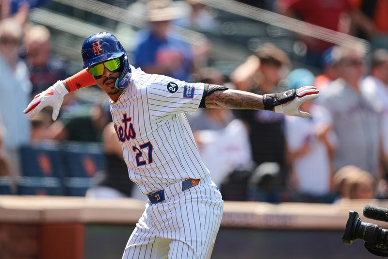 Aug 21, 2024; New York City, New York, USA; New York Mets third baseman Mark Vientos (27) reacts after hitting a solo home run during the seventh inning against the Baltimore Orioles at Citi Field. Mandatory Credit: Vincent Carchietta-USA TODAY Sports