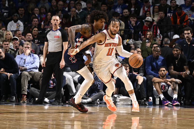 PHILADELPHIA, PA - FEBRUARY 22: Jalen Brunson #11 of the New York Knicks dribbles the ball during the game against the Philadelphia 76ers on February 22, 2024 at the Wells Fargo Center in Philadelphia, Pennsylvania NOTE TO USER: User expressly acknowledges and agrees that, by downloading and/or using this Photograph, user is consenting to the terms and conditions of the Getty Images License Agreement. Mandatory Copyright Notice: Copyright 2024 NBAE (Photo by David Dow/NBAE via Getty Images)