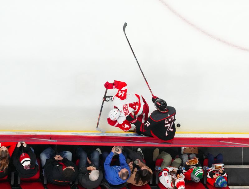 Jan 19, 2024; Raleigh, North Carolina, USA; Carolina Hurricanes defenseman Jaccob Slavin (74) checks Detroit Red Wings center Robby Fabbri (14) during the second period at PNC Arena. Mandatory Credit: James Guillory-USA TODAY Sports