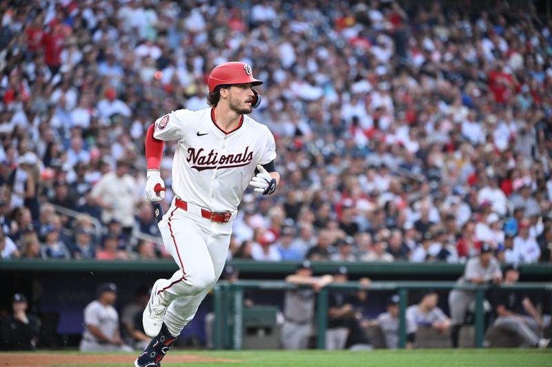 Aug 26, 2024; Washington, District of Columbia, USA; Washington Nationals center fielder Dylan Crews (3) runs to first base during his first MLB at bat during the first inning against the New York Yankees at Nationals Park. Mandatory Credit: Rafael Suanes-USA TODAY Sports