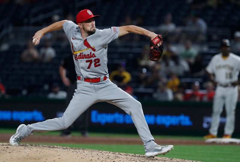 Aug 21, 2023; Pittsburgh, Pennsylvania, USA;  St. Louis Cardinals relief pitcher Casey Lawrence (72) pitches against the Pittsburgh Pirates during the sixth inning at PNC Park. Mandatory Credit: Charles LeClaire-USA TODAY Sports