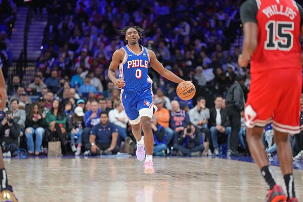 PHILADELPHIA, PA - JANUARY 2: Tyrese Maxey #0 of the Philadelphia 76ers dribbles the ball during the game against the Chicago Bulls on January 2, 2024 at the Wells Fargo Center in Philadelphia, Pennsylvania NOTE TO USER: User expressly acknowledges and agrees that, by downloading and/or using this Photograph, user is consenting to the terms and conditions of the Getty Images License Agreement. Mandatory Copyright Notice: Copyright 2023 NBAE (Photo by Jesse D. Garrabrant/NBAE via Getty Images)