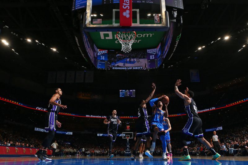 OKLAHOMA CITY, OK - APRIL 9: Shai Gilgeous-Alexander #2 of the Oklahoma City Thunder shoots the ball during the game against the Sacramento Kings on April 9, 2024 at Paycom Arena in Oklahoma City, Oklahoma. NOTE TO USER: User expressly acknowledges and agrees that, by downloading and or using this photograph, User is consenting to the terms and conditions of the Getty Images License Agreement. Mandatory Copyright Notice: Copyright 2024 NBAE (Photo by Zach Beeker/NBAE via Getty Images)