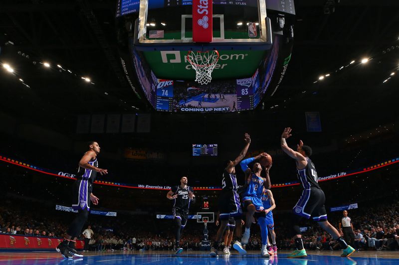 OKLAHOMA CITY, OK - APRIL 9: Shai Gilgeous-Alexander #2 of the Oklahoma City Thunder shoots the ball during the game against the Sacramento Kings on April 9, 2024 at Paycom Arena in Oklahoma City, Oklahoma. NOTE TO USER: User expressly acknowledges and agrees that, by downloading and or using this photograph, User is consenting to the terms and conditions of the Getty Images License Agreement. Mandatory Copyright Notice: Copyright 2024 NBAE (Photo by Zach Beeker/NBAE via Getty Images)