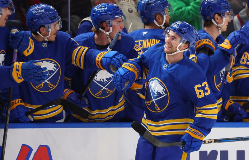 Nov 1, 2025; Buffalo, New York, USA;  Buffalo Sabres right wing Isak Rosen (63) celebrates his first career NHL goal with teammates during the first period against the Washington Capitals at KeyBank Center. Mandatory Credit: Timothy T. Ludwig-Imagn Images