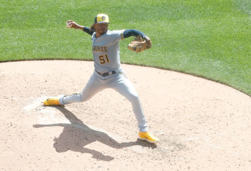 Sep 6, 2023; Pittsburgh, Pennsylvania, USA;  Milwaukee Brewers starting pitcher Freddy Peralta (51) pitches against the Pittsburgh Pirates during the fifth inning at PNC Park. Pittsburgh won 5-4. Mandatory Credit: Charles LeClaire-USA TODAY Sports