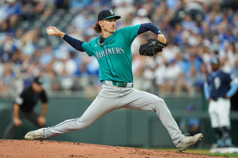 Jun 7, 2024; Kansas City, Missouri, USA; Seattle Mariners starting pitcher Bryce Miller (50) pitches during the first inning against the Kansas City Royals at Kauffman Stadium. Mandatory Credit: Jay Biggerstaff-USA TODAY Sports