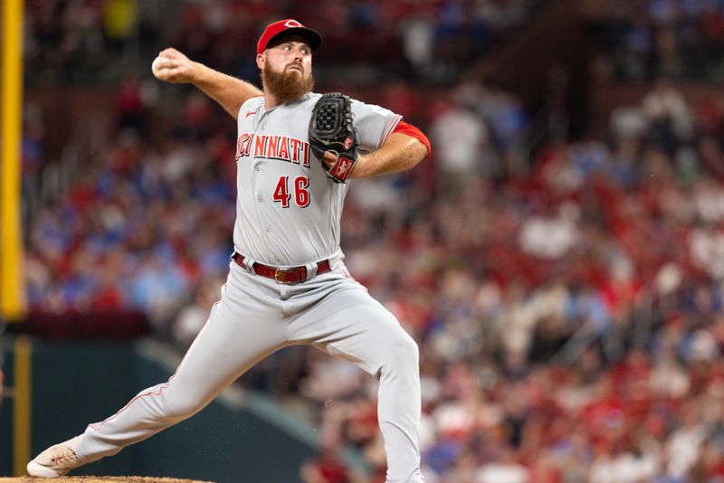 Sep 30, 2023; St. Louis, Missouri, USA; Cincinnati Reds relief pitcher Buck Farmer (46) enters the game in the second inning against the St. Louis Cardinals at Busch Stadium. Mandatory Credit: Zach Dalin-USA TODAY Sports