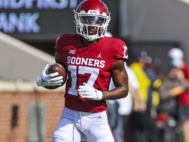 Sep 4, 2021; Norman, Oklahoma, USA;  Oklahoma Sooners wide receiver Marvin Mims (17) warms up before the game against the Tulane Green Wave at Gaylord Family-Oklahoma Memorial Stadium. Mandatory Credit: Kevin Jairaj-USA TODAY Sports