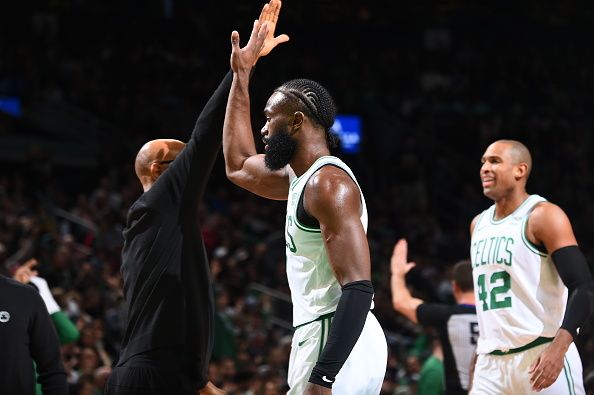 BOSTON, MA - DECEMBER 17: Jaylen Brown #7 of the Boston Celtics celebrates during the game against the Orlando Magic on December 17, 2023 at the TD Garden in Boston, Massachusetts. NOTE TO USER: User expressly acknowledges and agrees that, by downloading and or using this photograph, User is consenting to the terms and conditions of the Getty Images License Agreement. Mandatory Copyright Notice: Copyright 2023 NBAE  (Photo by Brian Babineau/NBAE via Getty Images)