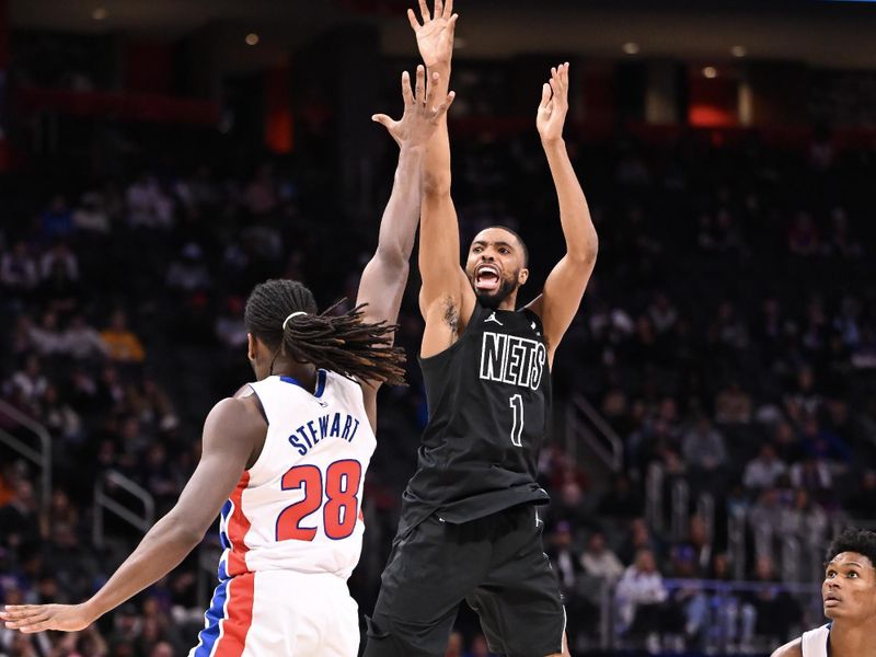 DETROIT, MICHIGAN - MARCH 07: Mikal Bridges #1 of the Brooklyn Nets shoots the ball against the Detroit Pistons during the second half at Little Caesars Arena on March 07, 2024 in Detroit, Michigan. NOTE TO USER: User expressly acknowledges and agrees that, by downloading and or using this photograph, User is consenting to the terms and conditions of the Getty Images License Agreement. (Photo by Luke Hales/Getty Images)