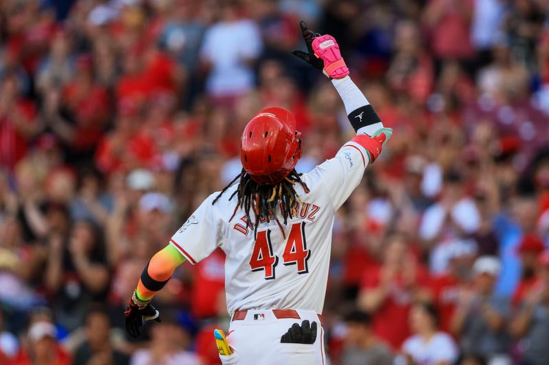 Jun 6, 2024; Cincinnati, Ohio, USA; Cincinnati Reds shortstop Elly De La Cruz (44) reacts after hitting a three-run home run in the third inning against the Chicago Cubs at Great American Ball Park. Mandatory Credit: Katie Stratman-USA TODAY Sports