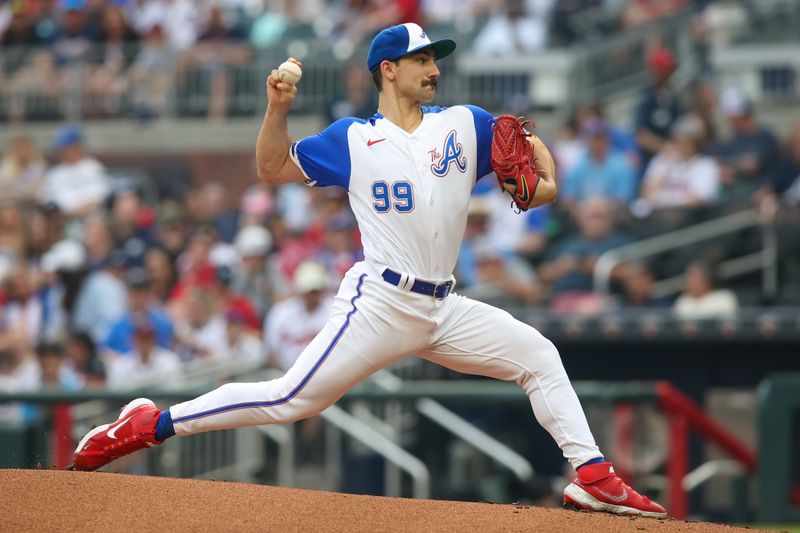 May 6, 2023; Atlanta, Georgia, USA; Atlanta Braves starting pitcher Spencer Strider (99) throws against the Baltimore Orioles in the first inning at Truist Park. Mandatory Credit: Brett Davis-USA TODAY Sports
