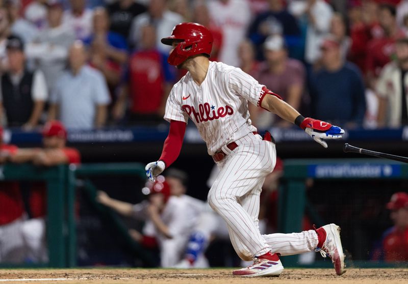 Aug 22, 2023; Philadelphia, Pennsylvania, USA; Philadelphia Phillies shortstop Trea Turner (7) hits a two RBI game winning single during the ninth inning against the San Francisco Giants at Citizens Bank Park. Mandatory Credit: Bill Streicher-USA TODAY Sports