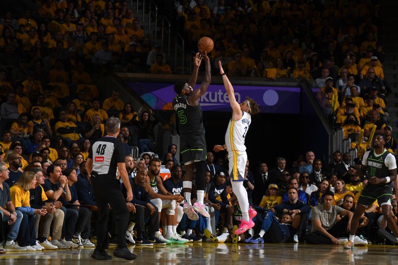 SAN FRANCISCO, CA - MAY 10: Anthony Edwards #5 of the Minnesota Timberwolves three point basket during the game against the Golden State Warriors during Round 2 Game 3 of the 2025 NBA Playoffs on May 10, 2025 at Chase Center in San Francisco, California. NOTE TO USER: User expressly acknowledges and agrees that, by downloading and or using this photograph, user is consenting to the terms and conditions of Getty Images License Agreement. Mandatory Copyright Notice: Copyright 2025 NBAE(Photo by Noah Graham/NBAE via Getty Images)