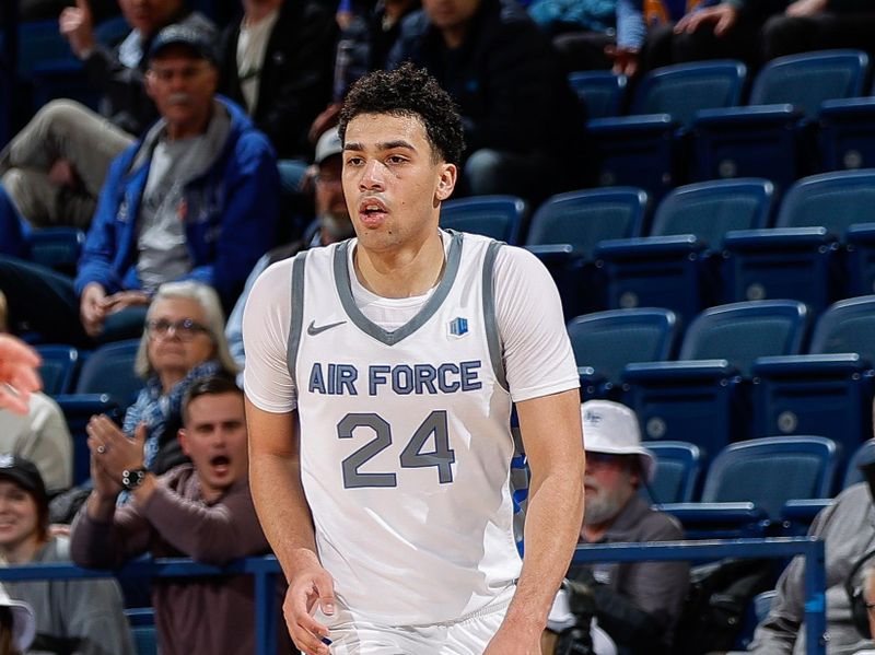 Jan 31, 2023; Colorado Springs, Colorado, USA; Air Force Falcons guard Jeffrey Mills (24) controls the ball in the second half against the Boise State Broncos at Clune Arena. Mandatory Credit: Isaiah J. Downing-USA TODAY Sports