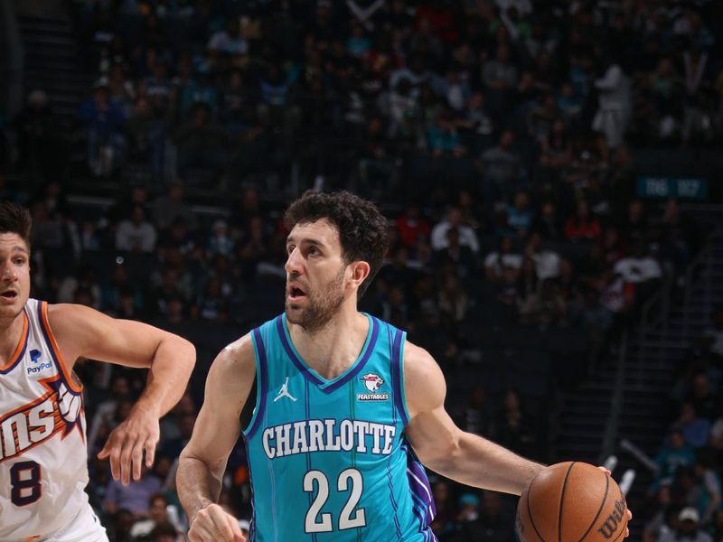 CHARLOTTE, NC - MARCH 15:  Vasilije Micic #22 of the Charlotte Hornets goes to the basket during the game on March 15, 2024 at Spectrum Center in Charlotte, North Carolina. NOTE TO USER: User expressly acknowledges and agrees that, by downloading and or using this photograph, User is consenting to the terms and conditions of the Getty Images License Agreement.  Mandatory Copyright Notice:  Copyright 2024 NBAE (Photo by Nathaniel S. Butler/NBAE via Getty Images)
