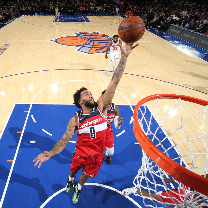 NEW YORK, NY - OCTOBER 9: Justin Champagnie #9 of the Washington Wizards goes up for the rebound during the game against the New York Knicks during the 2024 NBA Preseason on October 9, 2024 at Madison Square Garden in New York City, New York.  NOTE TO USER: User expressly acknowledges and agrees that, by downloading and or using this photograph, User is consenting to the terms and conditions of the Getty Images License Agreement. Mandatory Copyright Notice: Copyright 2024 NBAE  (Photo by Nathaniel S. Butler/NBAE via Getty Images)