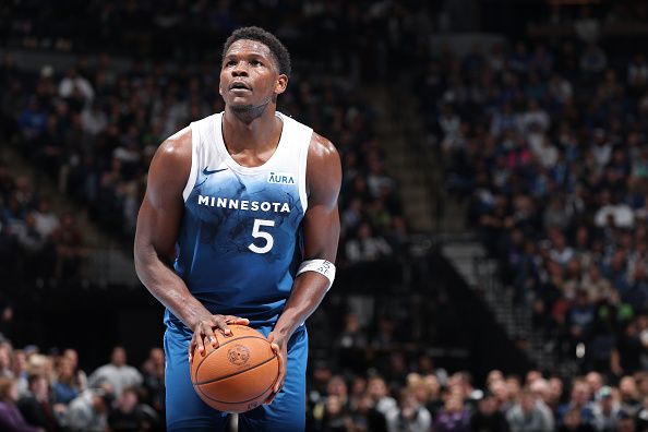 MINNEAPOLIS, MN -  NOVEMBER 24: Anthony Edwards #5 of the Minnesota Timberwolves shoots a free throw during the game against the Sacramento Kings during the In-Season Tournament on November 24, 2023 at Target Center in Minneapolis, Minnesota. NOTE TO USER: User expressly acknowledges and agrees that, by downloading and or using this Photograph, user is consenting to the terms and conditions of the Getty Images License Agreement. Mandatory Copyright Notice: Copyright 2023 NBAE (Photo by David Sherman/NBAE via Getty Images)