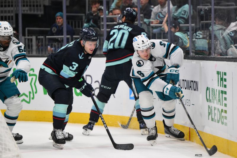 Nov 22, 2023; Seattle, Washington, USA; San Jose Sharks defenseman Ty Emberson (6) plays the puck while defended by Seattle Kraken defenseman Will Borgen (3) during the third period at Climate Pledge Arena. Mandatory Credit: Steven Bisig-USA TODAY Sports