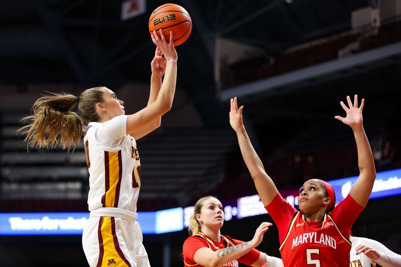 Jan 3, 2024; Minneapolis, Minnesota, USA; Minnesota Golden Gophers guard Mara Braun (10) shoots against the Maryland Terrapins during the first half at Williams Arena. Mandatory Credit: Matt Krohn-USA TODAY Sports