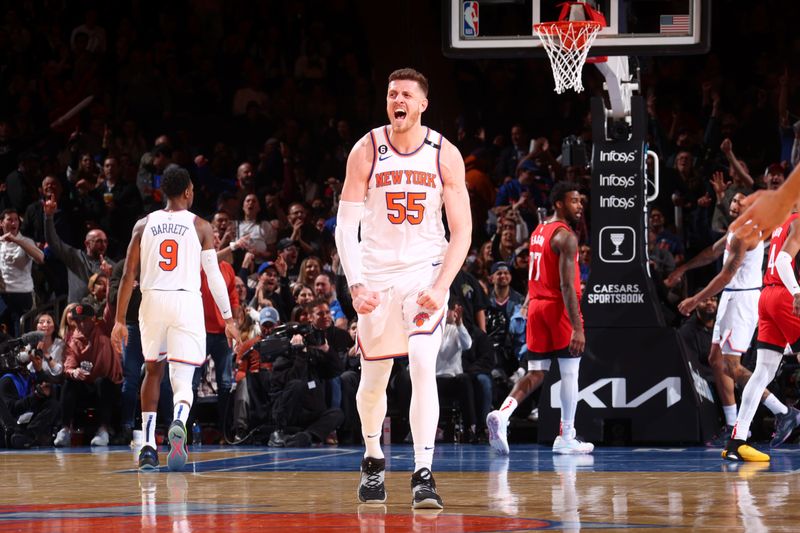 NEW YORK, NY - MARCH 27: Isaiah Hartenstein #55 of the New York Knicks celebrates a play during the game against the Houston Rockets on March 27, 2023 at Madison Square Garden in New York City, New York.  NOTE TO USER: User expressly acknowledges and agrees that, by downloading and or using this photograph, User is consenting to the terms and conditions of the Getty Images License Agreement. Mandatory Copyright Notice: Copyright 2023 NBAE  (Photo by Nathaniel S. Butler/NBAE via Getty Images)