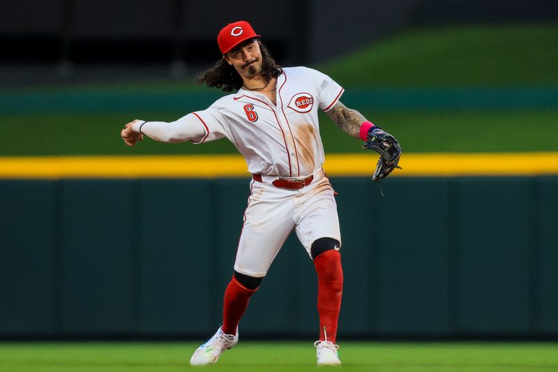 May 21, 2024; Cincinnati, Ohio, USA; Cincinnati Reds second baseman Jonathan India (6) throws to first to get San Diego Padres outfielder Jackson Merrill (not pictured) out in the seventh inning at Great American Ball Park. Mandatory Credit: Katie Stratman-USA TODAY Sports