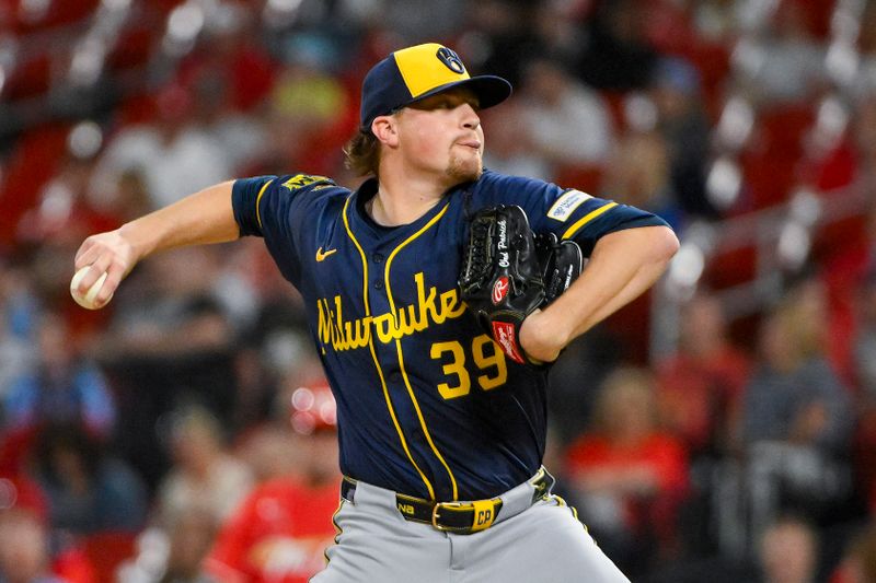 Apr 25, 2025; St. Louis, Missouri, USA;  Milwaukee Brewers starting pitcher Chad Patrick (39) pitches against the St. Louis Cardinals during the fifth inning at Busch Stadium. Mandatory Credit: Jeff Curry-Imagn Images