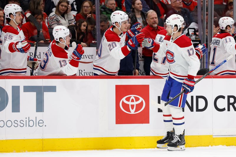 Jan 13, 2026; Washington, District of Columbia, USA; Montréal Canadiens right wing Josh Anderson (17) celebrates with teammates after scoring a shorthanded goal against the Washington Capitals during the first period at Capital One Arena. Mandatory Credit: Geoff Burke-Imagn Images