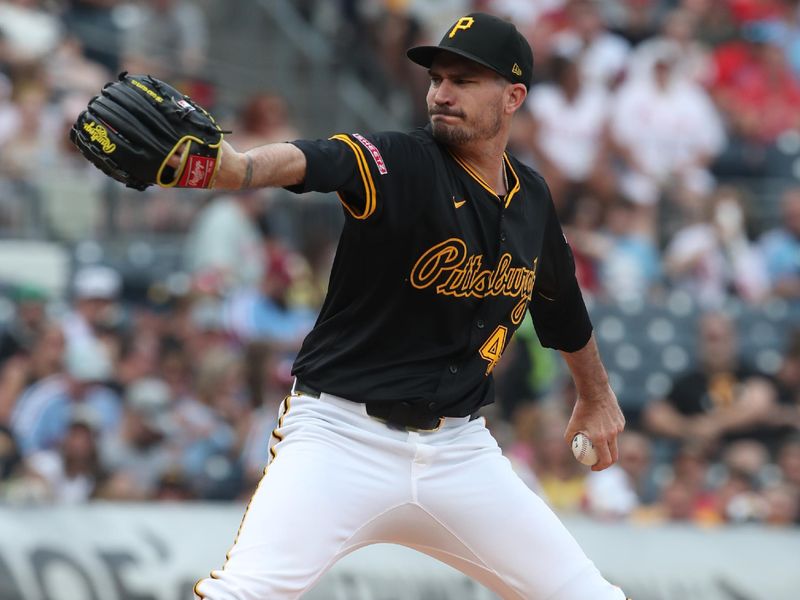 Jun 7, 2025; Pittsburgh, Pennsylvania, USA;  Pittsburgh Pirates starting pitcher Andrew Heaney (45) delivers a pitch against  the Philadelphia Phillies during the first inning at PNC Park. Mandatory Credit: Charles LeClaire-Imagn Images