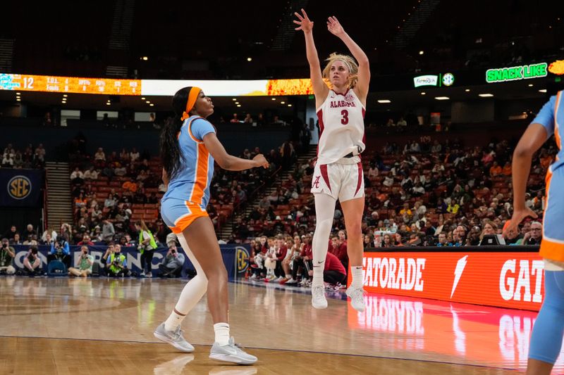 Mar 8, 2024; Greensville, SC, USA; Alabama Crimson Tide guard Sarah Ashlee Barker (3) shoots against the Tennessee Lady Vols during the first half at Bon Secours Wellness Arena. Mandatory Credit: Jim Dedmon-USA TODAY Sports