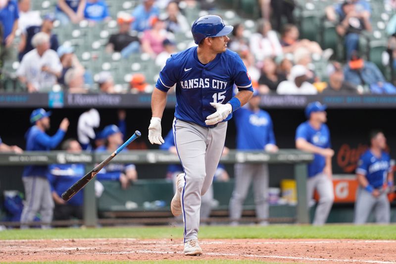 May 4, 2025; Baltimore, Maryland, USA; Kansas City Royals catcher Luke Maile (15) watches his home run against the Baltimore Orioles during the eighth inning at Oriole Park at Camden Yards. Mandatory Credit: Gregory Fisher-Imagn Images
