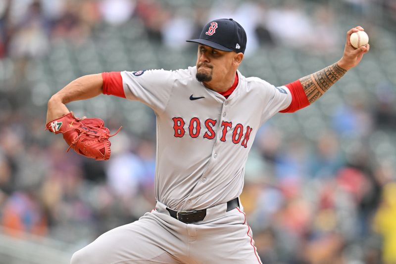 May 4, 2024; Minneapolis, Minnesota, USA; Boston Red Sox pitcher Brennan Bernardino (83) throws a pitch against the Minnesota Twins during the first inning at Target Field. Mandatory Credit: Jeffrey Becker-USA TODAY Sports