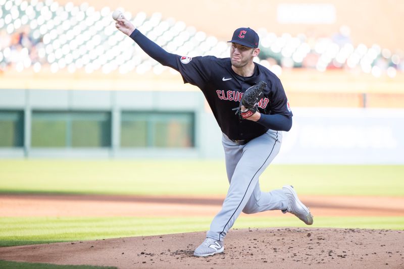 Jul 8, 2024; Detroit, Michigan, USA; Cleveland Guardians starting pitcher Gavin Williams (32) delivers in the first inning against the Detroit Tigers at Comerica Park. Mandatory Credit: David Reginek-USA TODAY Sports