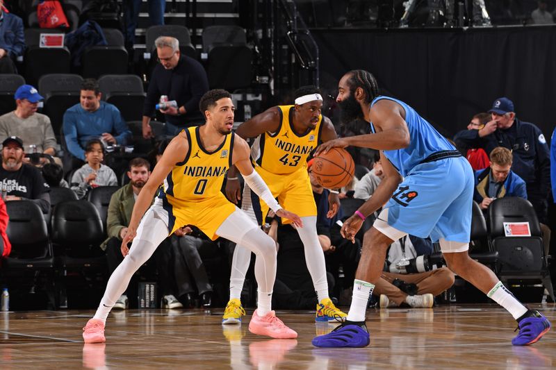 INGLEWOOD, CA - FEBRUARY 6: Tyrese Haliburton #0 of the Indiana Pacers plays defense during the game against the LA Clippers on February 6, 2025 at Intuit Dome in Los Angeles, California. NOTE TO USER: User expressly acknowledges and agrees that, by downloading and/or using this Photograph, user is consenting to the terms and conditions of the Getty Images License Agreement. Mandatory Copyright Notice: Copyright 2025 NBAE (Photo by Juan Ocampo/NBAE via Getty Images)