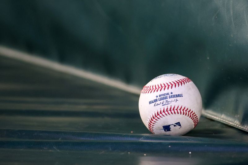 May 20, 2023; Atlanta, Georgia, USA; A detailed view of a Major League Baseball during a game between the Seattle Mariners and Atlanta Braves in the third inning at Truist Park. Mandatory Credit: Brett Davis-USA TODAY Sports