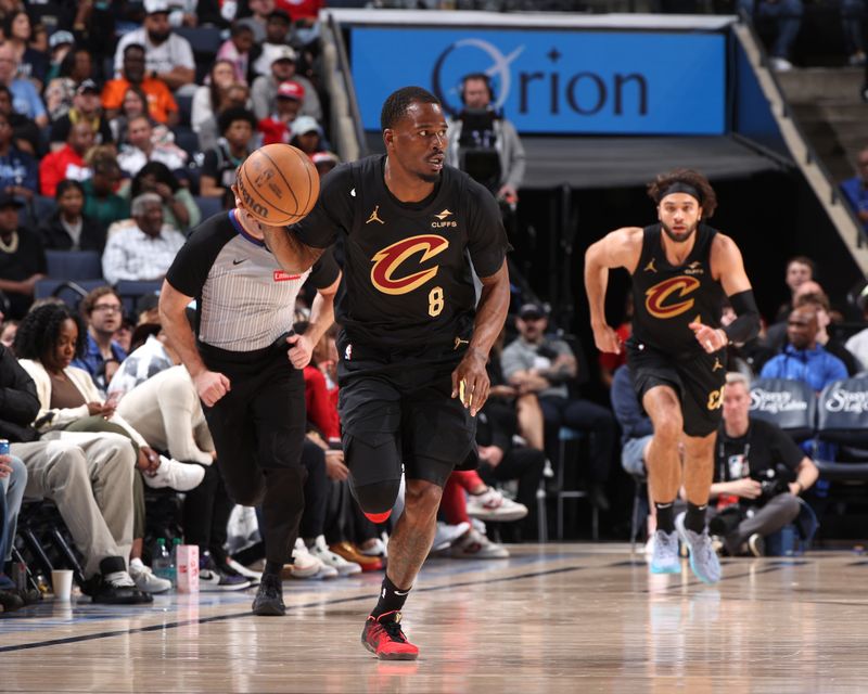 MEMPHIS, TN - MARCH 14: Javonte Green #8 of the Cleveland Cavaliers brings the ball up court during the game against the Memphis Grizzlies on March 14, 2025 at FedExForum in Memphis, Tennessee. NOTE TO USER: User expressly acknowledges and agrees that, by downloading and or using this photograph, User is consenting to the terms and conditions of the Getty Images License Agreement. Mandatory Copyright Notice: Copyright 2025 NBAE(Photo by Joe Murphy/NBAE via Getty Images)