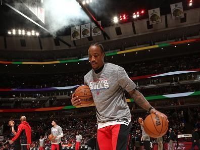 CHICAGO, IL - NOVEMBER 12: DeMar DeRozan #11 of the Chicago Bulls dribbles the ball before the game against the Detroit Pistons on November 12, 2023 at United Center in Chicago, Illinois. NOTE TO USER: User expressly acknowledges and agrees that, by downloading and or using this photograph, User is consenting to the terms and conditions of the Getty Images License Agreement. Mandatory Copyright Notice: Copyright 2023 NBAE (Photo by Gary Dineen/NBAE via Getty Images)