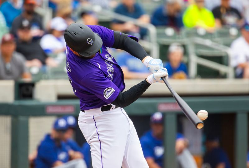 Feb 26, 2024; Salt River Pima-Maricopa, Arizona, USA; Colorado Rockies first baseman Kris Bryant against the Los Angeles Dodgers during a spring training game at Salt River Fields at Talking Stick. Mandatory Credit: Mark J. Rebilas-USA TODAY Sports