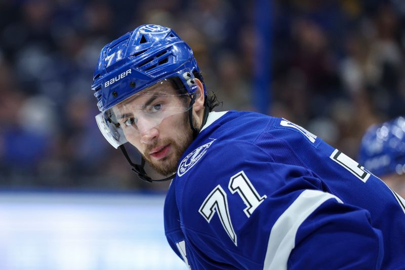 Dec 4, 2025; Tampa, Florida, USA; Tampa Bay Lightning center Anthony Cirelli (71) looks on against the Pittsburgh Penguins in the second period at Benchmark International Arena. Mandatory Credit: Nathan Ray Seebeck-Imagn Images