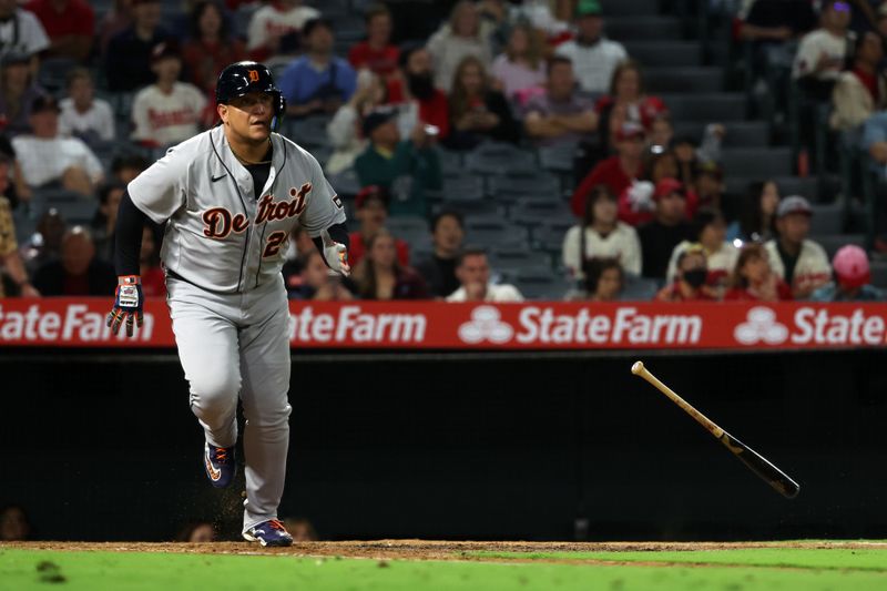 Sep 16, 2023; Anaheim, California, USA;  Detroit Tigers designated hitter Miguel Cabrera (24) hits an RBI single during the tenth inning against the Los Angeles Angels at Angel Stadium. Mandatory Credit: Kiyoshi Mio-USA TODAY Sports