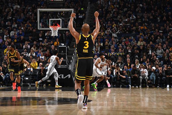 SAN FRANCISCO, CA - DECEMBER 16: Chris Paul #3 of the Golden State Warriors celebrates during the game against the Brooklyn Nets on December 16, 2023 at Chase Center in San Francisco, California. NOTE TO USER: User expressly acknowledges and agrees that, by downloading and or using this photograph, user is consenting to the terms and conditions of Getty Images License Agreement. Mandatory Copyright Notice: Copyright 2023 NBAE (Photo by Noah Graham/NBAE via Getty Images)