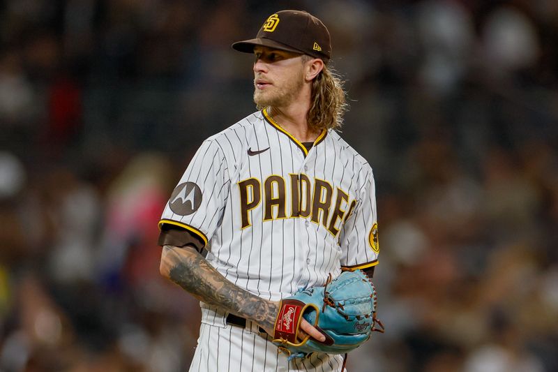 Jul 29, 2023; San Diego, California, USA; San Diego Padres relief pitcher Josh Header (71) throws a pitch during the ninth inning against the Texas Rangers at Petco Park. Mandatory Credit: David Frerker-USA TODAY Sports